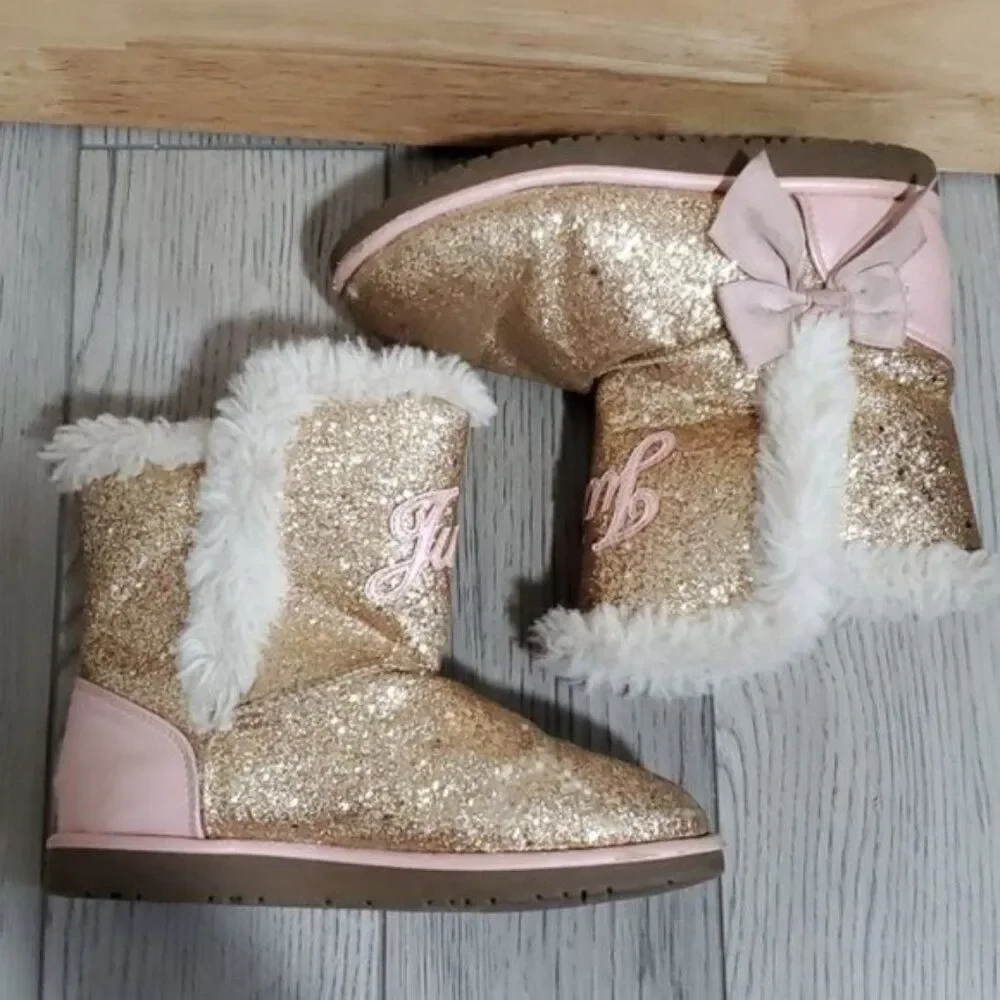 Juicy Couture Big Girls Boots Bling Glitter Winter Snow Furry Gold Pink SIZE 3